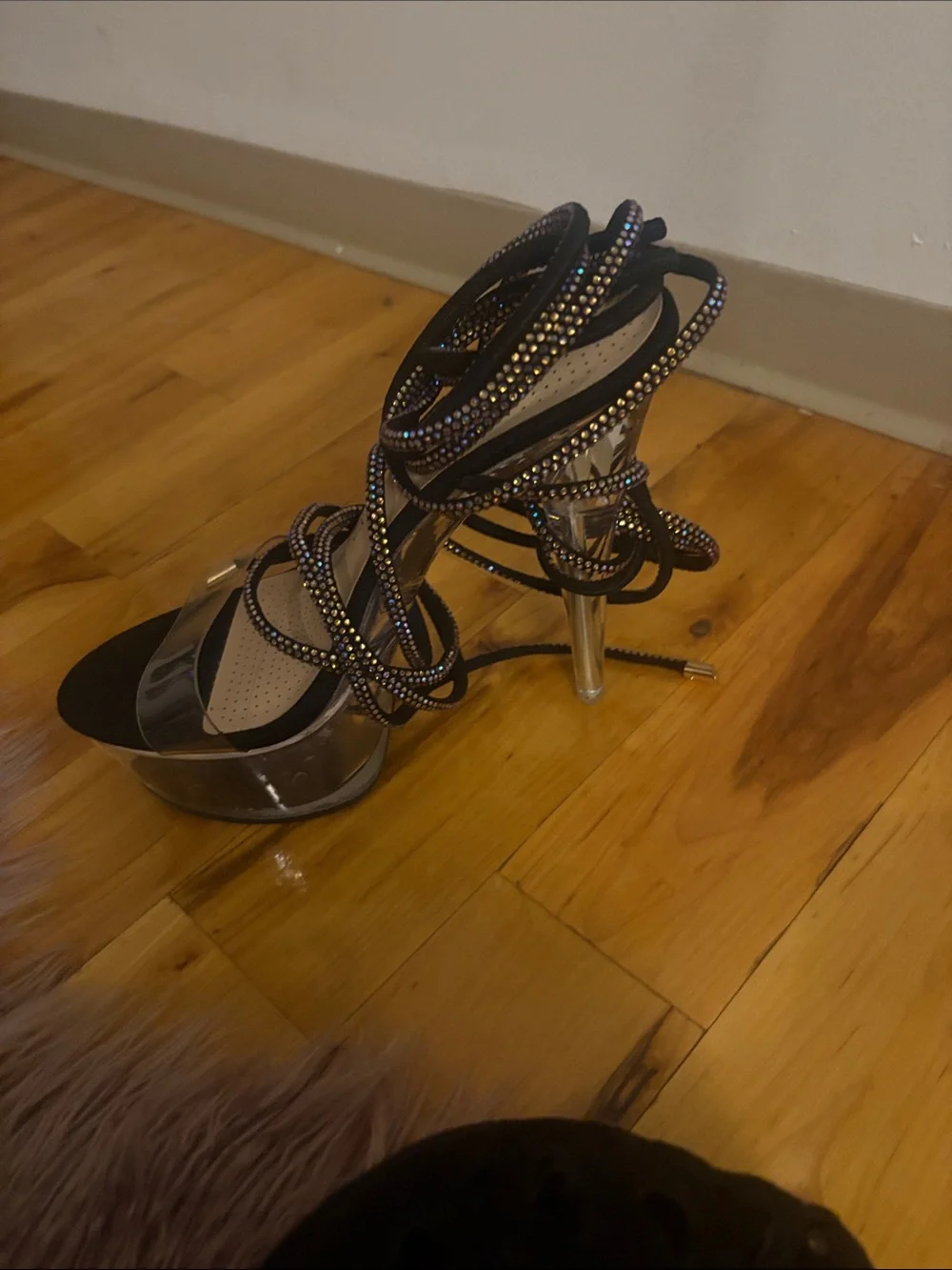 Black Rhinestone Wrap Platform Heels - Women